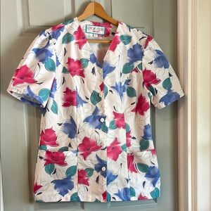 Cherokee Color Codes Women's L Vintage 1980s Colorful Floral Fitted Scrub Top